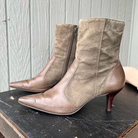 Audrey Brooke Camo Green Suede & Leather Kitten Heel Boots 8.5 - Picture 2 of 10